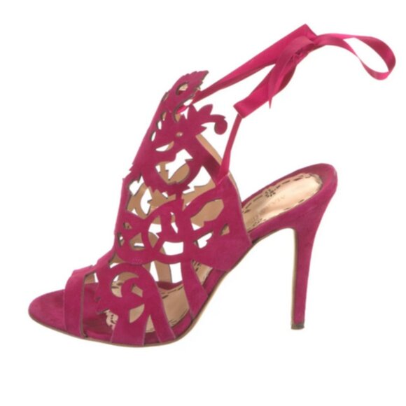 💕 Marchesa “Jessica” Hot Pink Suede Laser-Cut Gladiator Heels Ribbon Lace-Up  8 - Picture 2 of 7
